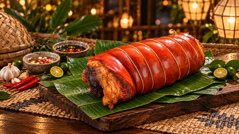 Toño’s Bellyssimo lechon belly presented in a Filipino salo-salo setting with banana leaves, sawsawan, and capiz lighting